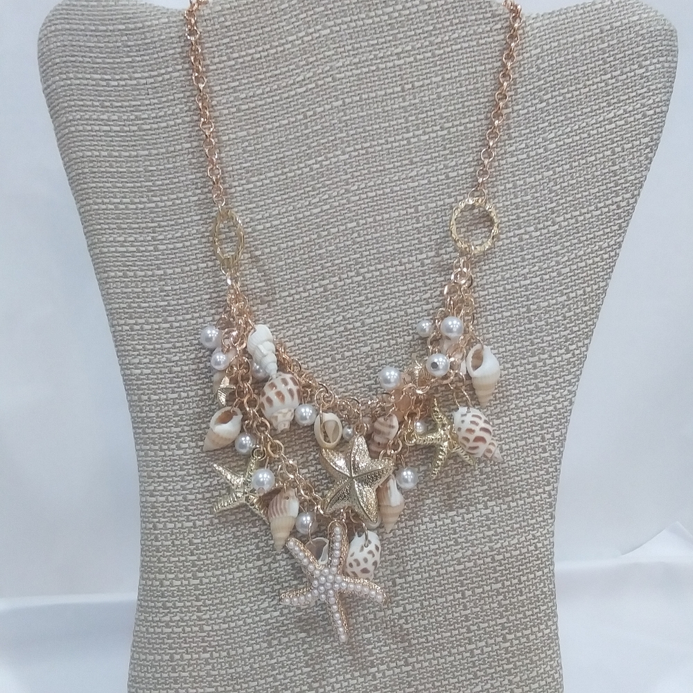 Beachy Charm Necklace with Real Seashells, Faux Pearls & Starfish Charms